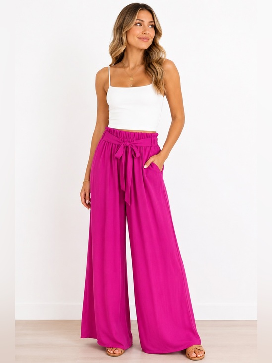 Tyche Pants - Tyche Wide Leg Tie-Front Pants - Fuchsia